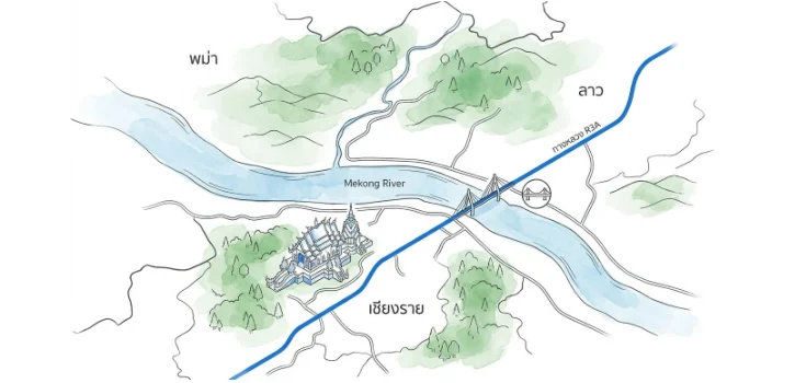 ภาพวาดแผนที่บริเวณจังหวัดเชียงราย แสดงเส้นทางแม่น้ำโขงที่เป็นจุดตัดพรมแดนระหว่างไทย เมียนมา และลาว พร้อมเน้นแนวเส้นทางหลวง R3A และสะพานข้ามแม่น้ำโขง