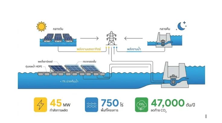 แผนภาพอธิบายการทำงานของระบบผลิตไฟฟ้าแบบไฮบริดที่ผสมผสานพลังงานแสงอาทิตย์บนทุ่นลอยน้ำ (HDPE) ในเวลากลางวัน และพลังงานน้ำในเวลากลางคืน พร้อมระบุข้อมูลกำลังการผลิต 45 MW พื้นที่โครงการ 750 ไร่ (น้อยกว่า 1% ของอ่างเก็บน้ำ) และความสามารถในการลดก๊าซคาร์บอนไดออกไซด์ 47,000 ตันต่อปี